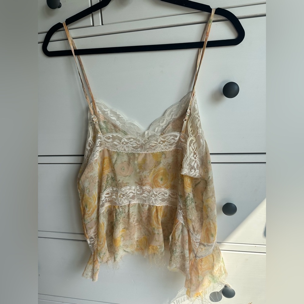 Women's Lace Trim lingerie style top - Yellow Floral with lace and raw hem